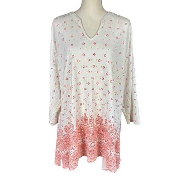 Blue Mountain Tunic Women Size 2X White Pink Gauzy Crinkled Geometric Casual Top - Picture 1 of 11